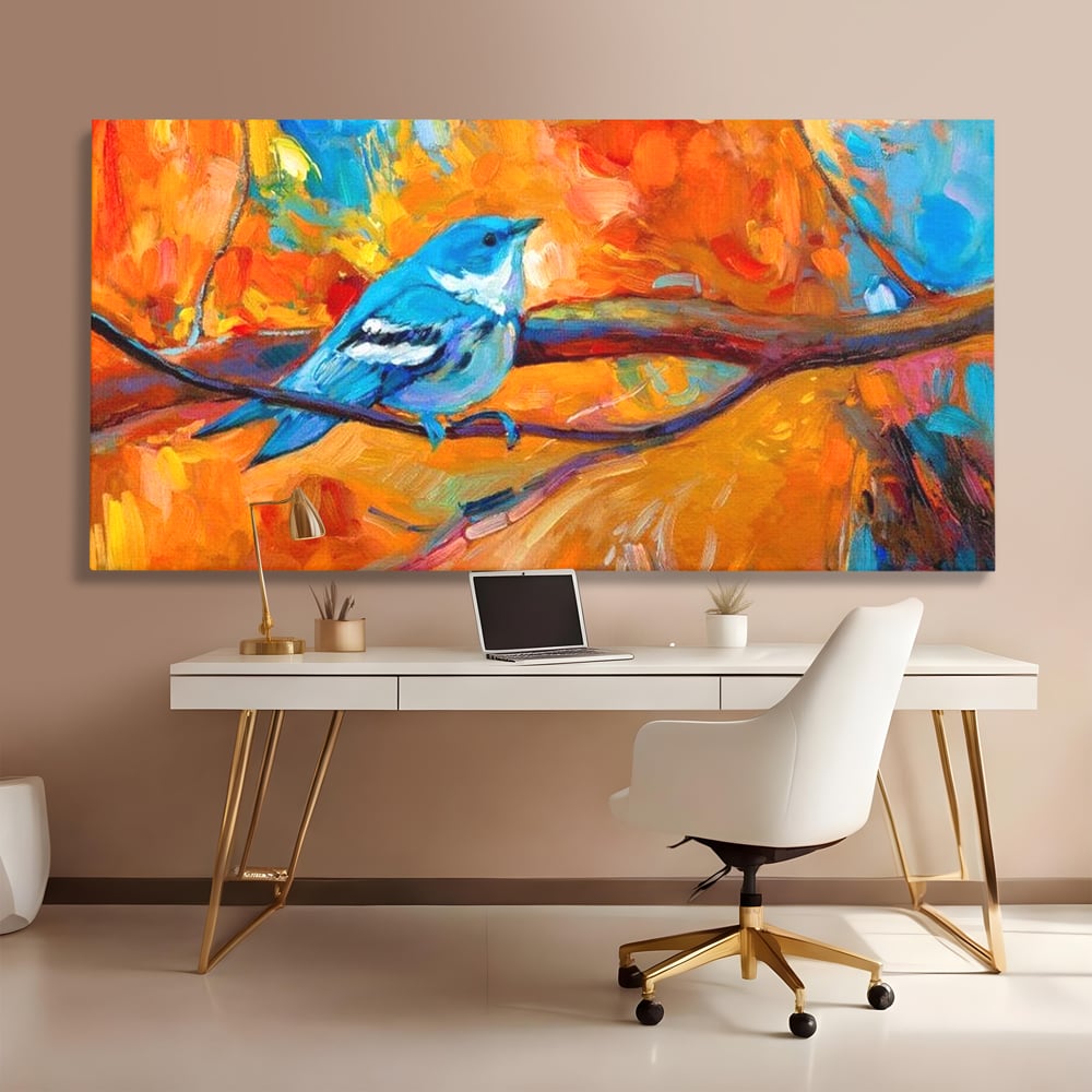 Tablou Canvas Premium, LuxCanva® M1039, Vestitoarea Toamnei, Toamna, Ramura, Pasare, Pictura, Acuarela, Frunze, Sezon, Nuanta, Birou, Living, Camera Copil