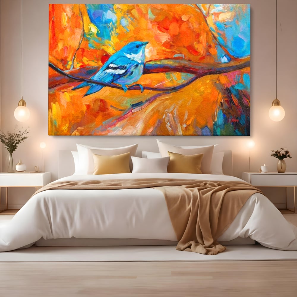 Tablou Canvas Premium, LuxCanva® M1039, Vestitoarea Toamnei, Toamna, Ramura, Pasare, Pictura, Acuarela, Frunze, Sezon, Nuanta, Birou, Living, Camera Copil