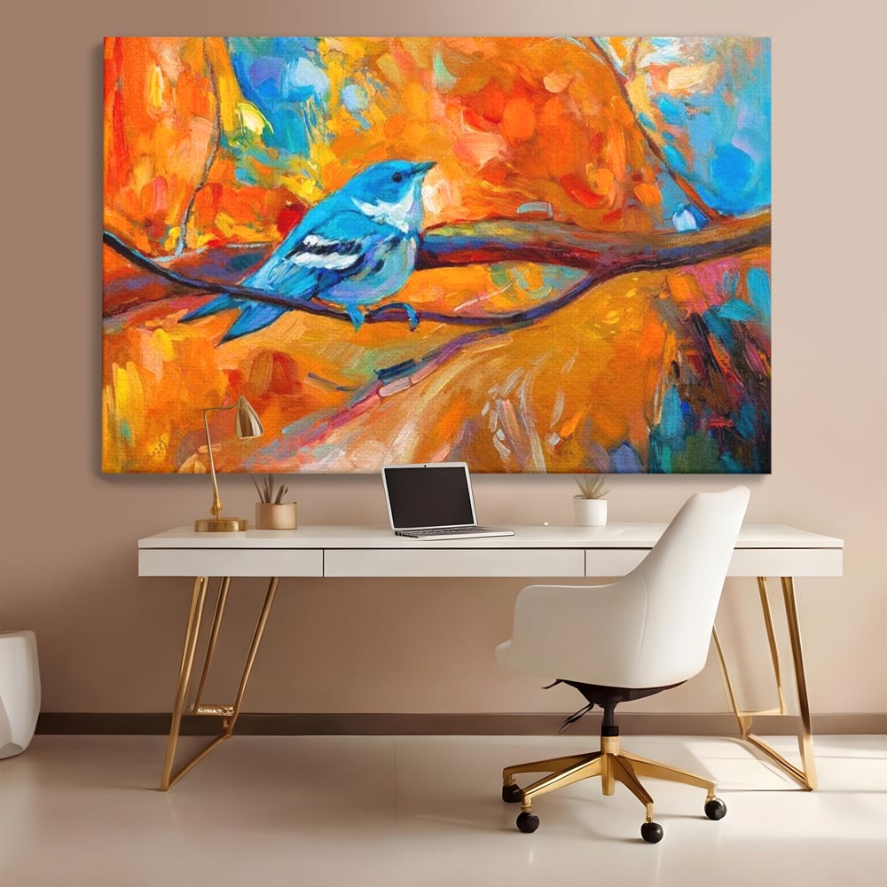 Tablou Canvas Premium, LuxCanva® M1039, Vestitoarea Toamnei, Toamna, Ramura, Pasare, Pictura, Acuarela, Frunze, Sezon, Nuanta, Birou, Living, Camera Copil