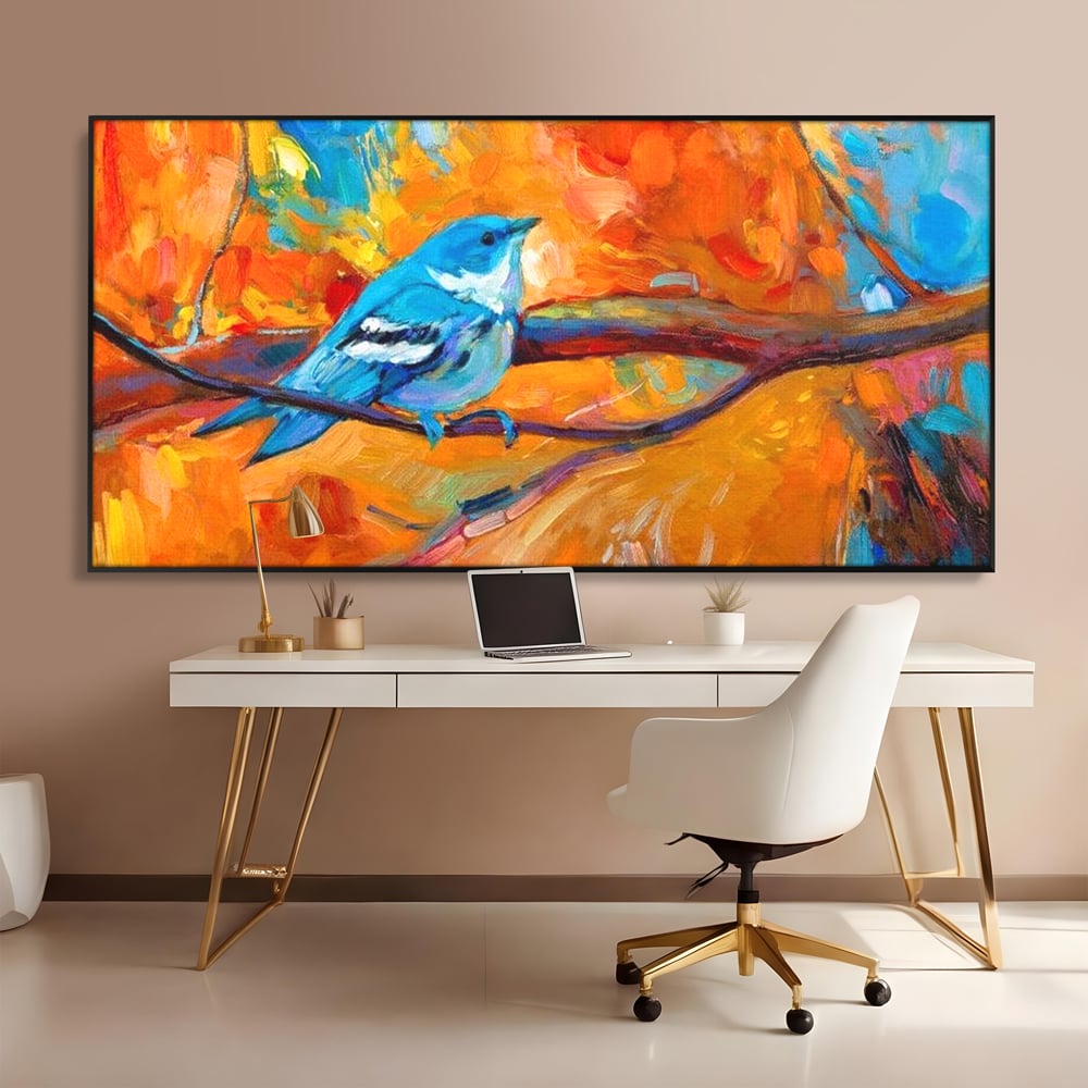 Tablou Canvas Premium, LuxCanva® M1039, Vestitoarea Toamnei, Toamna, Ramura, Pasare, Pictura, Acuarela, Frunze, Sezon, Nuanta, Birou, Living, Camera Copil