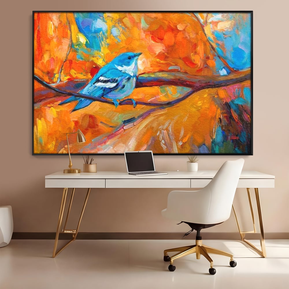 Tablou Canvas Premium, LuxCanva® M1039, Vestitoarea Toamnei, Toamna, Ramura, Pasare, Pictura, Acuarela, Frunze, Sezon, Nuanta, Birou, Living, Camera Copil