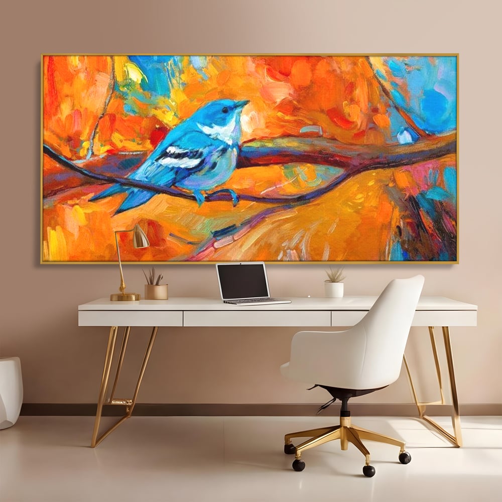 Tablou Canvas Premium, LuxCanva® M1039, Vestitoarea Toamnei, Toamna, Ramura, Pasare, Pictura, Acuarela, Frunze, Sezon, Nuanta, Birou, Living, Camera Copil