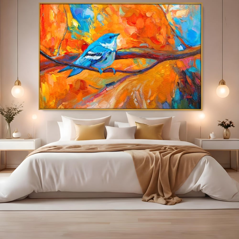 Tablou Canvas Premium, LuxCanva® M1039, Vestitoarea Toamnei, Toamna, Ramura, Pasare, Pictura, Acuarela, Frunze, Sezon, Nuanta, Birou, Living, Camera Copil