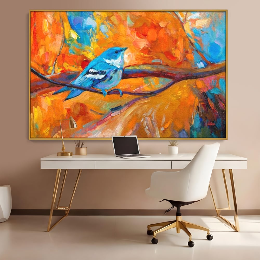 Tablou Canvas Premium, LuxCanva® M1039, Vestitoarea Toamnei, Toamna, Ramura, Pasare, Pictura, Acuarela, Frunze, Sezon, Nuanta, Birou, Living, Camera Copil