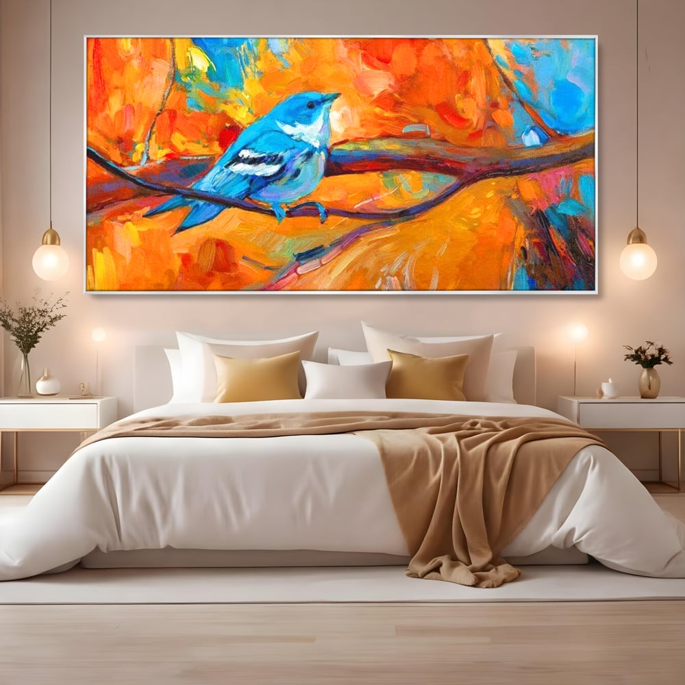 Tablou Canvas Premium, LuxCanva® M1039, Vestitoarea Toamnei, Toamna, Ramura, Pasare, Pictura, Acuarela, Frunze, Sezon, Nuanta, Birou, Living, Camera Copil