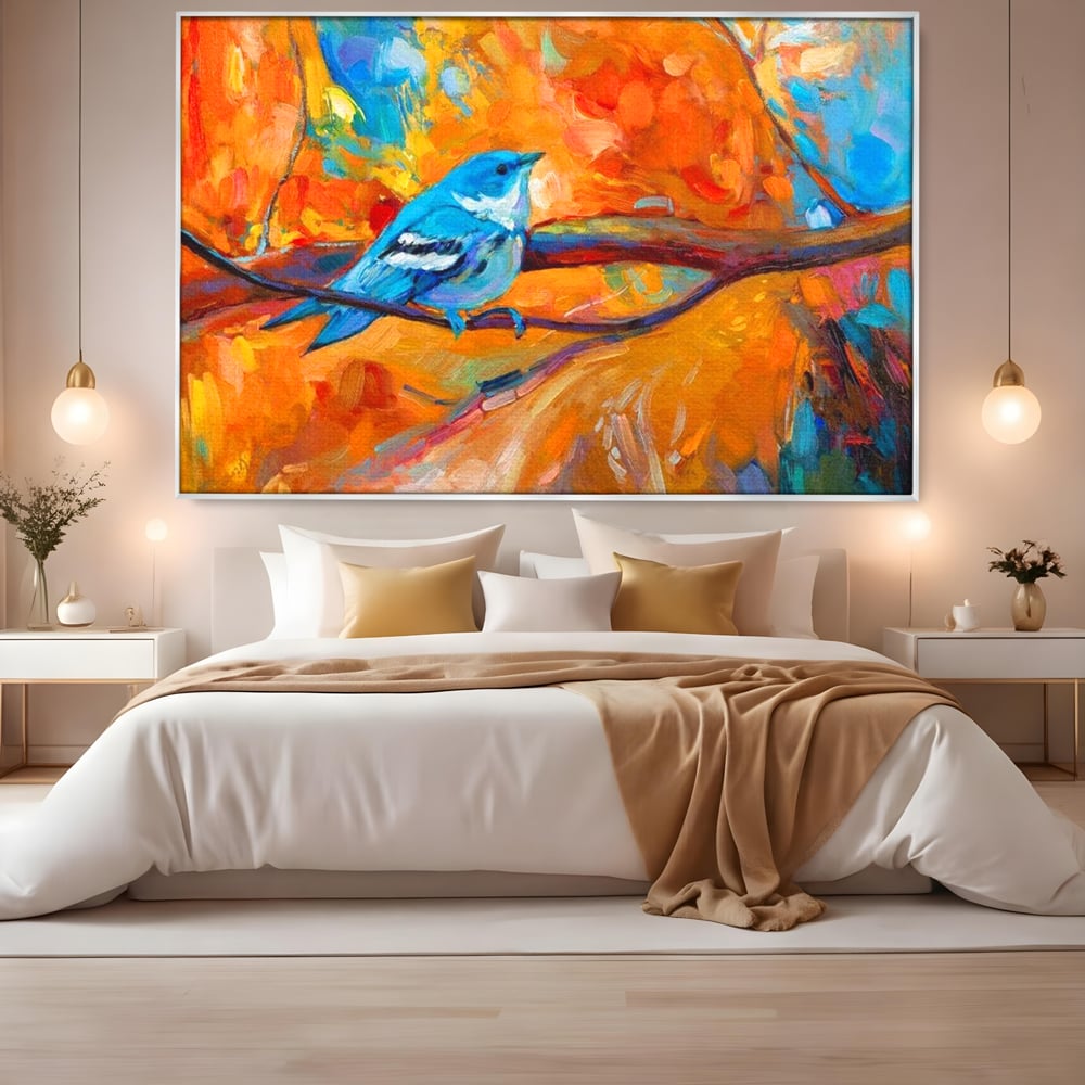 Tablou Canvas Premium, LuxCanva® M1039, Vestitoarea Toamnei, Toamna, Ramura, Pasare, Pictura, Acuarela, Frunze, Sezon, Nuanta, Birou, Living, Camera Copil