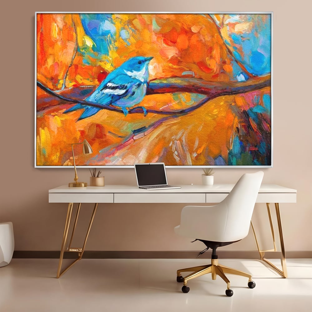 Tablou Canvas Premium, LuxCanva® M1039, Vestitoarea Toamnei, Toamna, Ramura, Pasare, Pictura, Acuarela, Frunze, Sezon, Nuanta, Birou, Living, Camera Copil