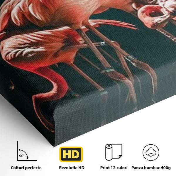 Tablou Canvas Premium, LuxCanva® M1040, Imparatia Flamingo, Pasari, Flamingo, Exotic, Roz, Mister, Eleganta, Grup, Petale, Flori, Gradina, Birou, Living, Camera Copil