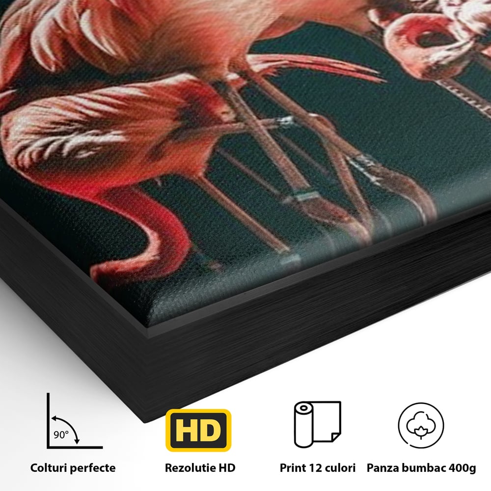 Tablou Canvas Premium, LuxCanva® M1040, Imparatia Flamingo, Pasari, Flamingo, Exotic, Roz, Mister, Eleganta, Grup, Petale, Flori, Gradina, Birou, Living, Camera Copil