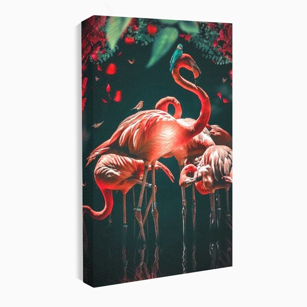 Tablou Canvas Premium, LuxCanva® M1040, Imparatia Flamingo, Pasari, Flamingo, Exotic, Roz, Mister, Eleganta, Grup, Petale, Flori, Gradina, Birou, Living, Camera Copil