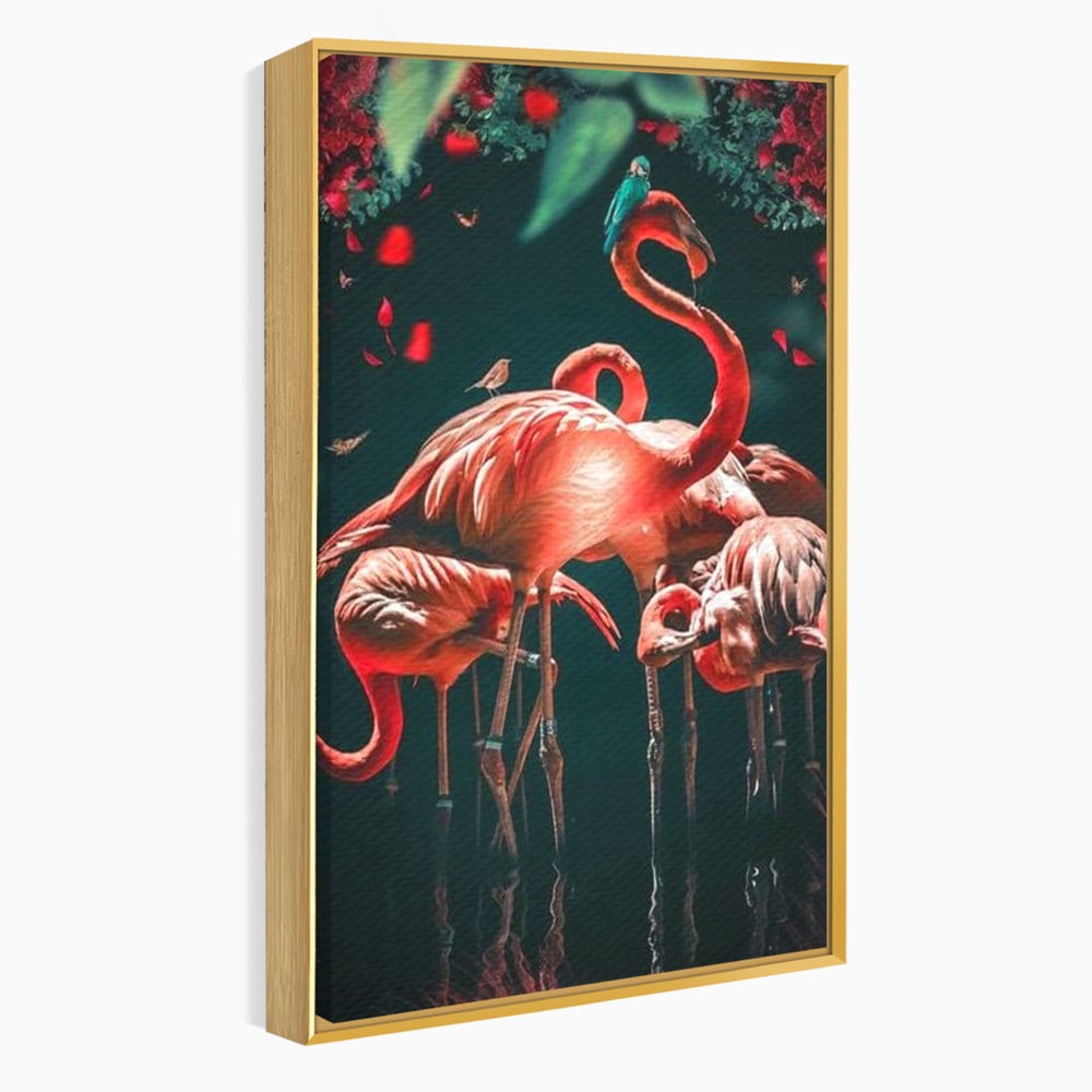 Tablou Canvas Premium, LuxCanva® M1040, Imparatia Flamingo, Pasari, Flamingo, Exotic, Roz, Mister, Eleganta, Grup, Petale, Flori, Gradina, Birou, Living, Camera Copil