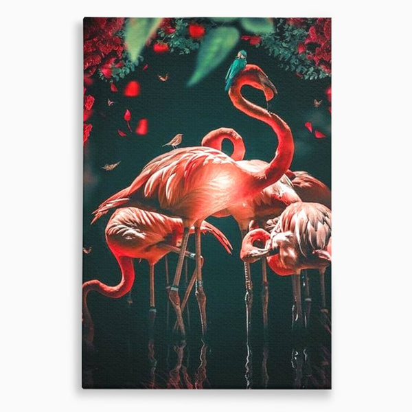 Tablou Canvas Premium, LuxCanva® M1040, Imparatia Flamingo, Pasari, Flamingo, Exotic, Roz, Mister, Eleganta, Grup, Petale, Flori, Gradina, Birou, Living, Camera Copil
