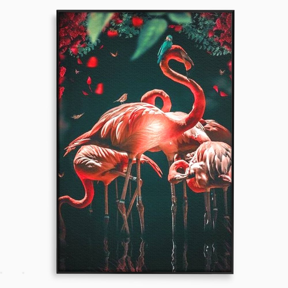 Tablou Canvas Premium, LuxCanva® M1040, Imparatia Flamingo, Pasari, Flamingo, Exotic, Roz, Mister, Eleganta, Grup, Petale, Flori, Gradina, Birou, Living, Camera Copil