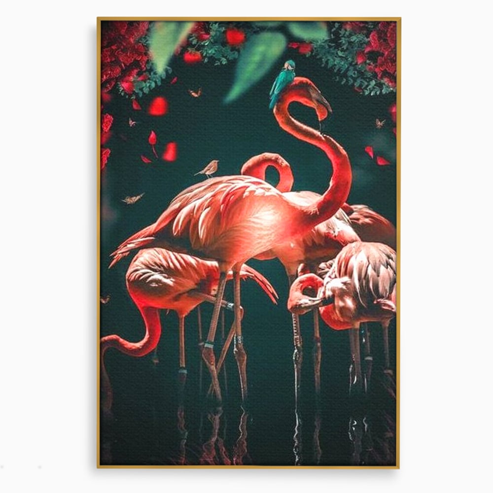 Tablou Canvas Premium, LuxCanva® M1040, Imparatia Flamingo, Pasari, Flamingo, Exotic, Roz, Mister, Eleganta, Grup, Petale, Flori, Gradina, Birou, Living, Camera Copil