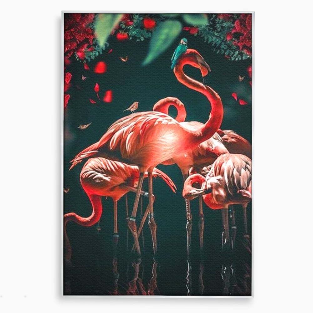 Tablou Canvas Premium, LuxCanva® M1040, Imparatia Flamingo, Pasari, Flamingo, Exotic, Roz, Mister, Eleganta, Grup, Petale, Flori, Gradina, Birou, Living, Camera Copil