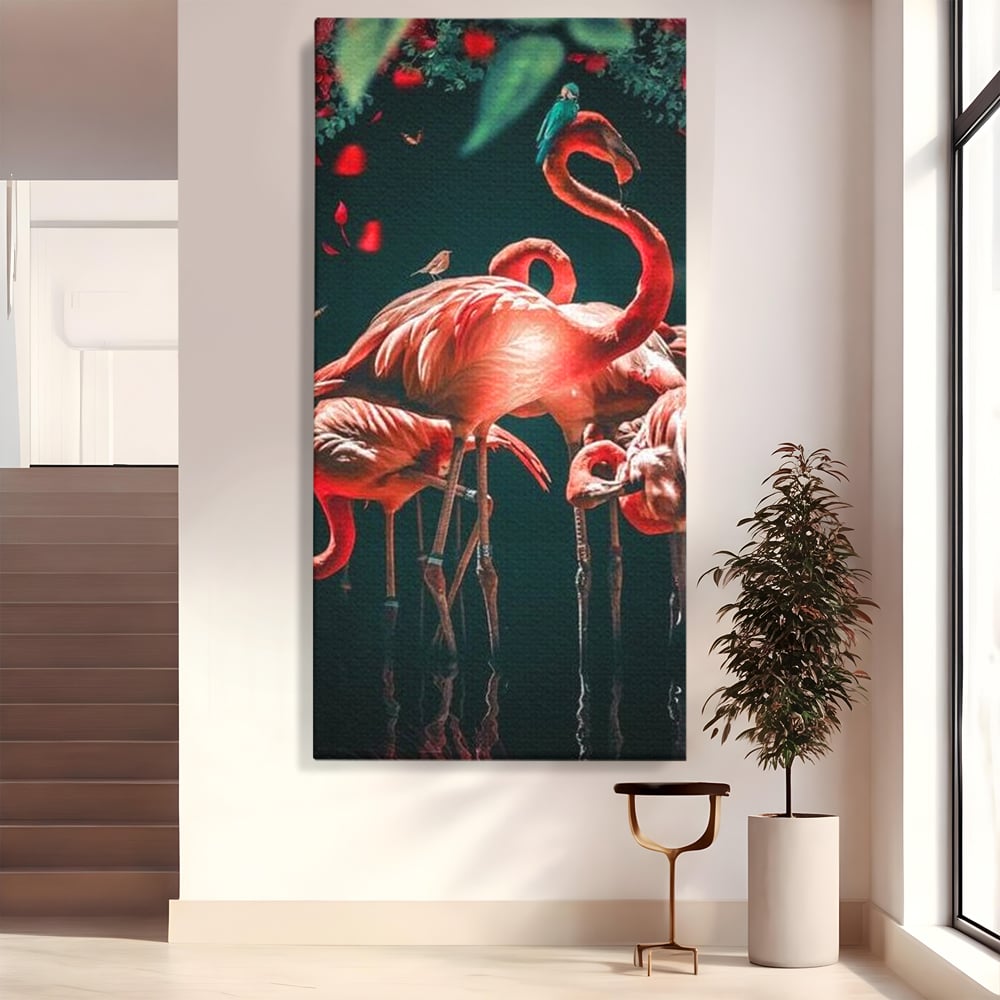 Tablou Canvas Premium, LuxCanva® M1040, Imparatia Flamingo, Pasari, Flamingo, Exotic, Roz, Mister, Eleganta, Grup, Petale, Flori, Gradina, Birou, Living, Camera Copil