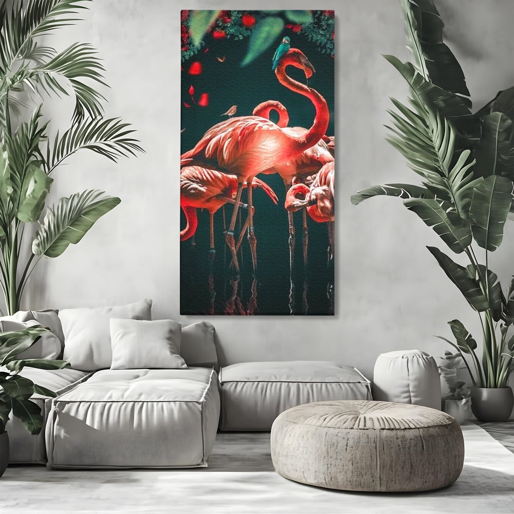 Tablou Canvas Premium, LuxCanva® M1040, Imparatia Flamingo, Pasari, Flamingo, Exotic, Roz, Mister, Eleganta, Grup, Petale, Flori, Gradina, Birou, Living, Camera Copil
