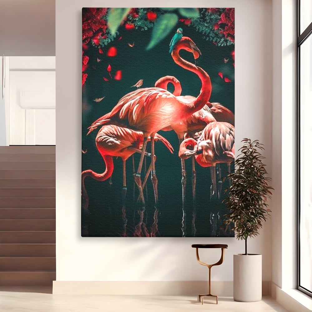 Tablou Canvas Premium, LuxCanva® M1040, Imparatia Flamingo, Pasari, Flamingo, Exotic, Roz, Mister, Eleganta, Grup, Petale, Flori, Gradina, Birou, Living, Camera Copil