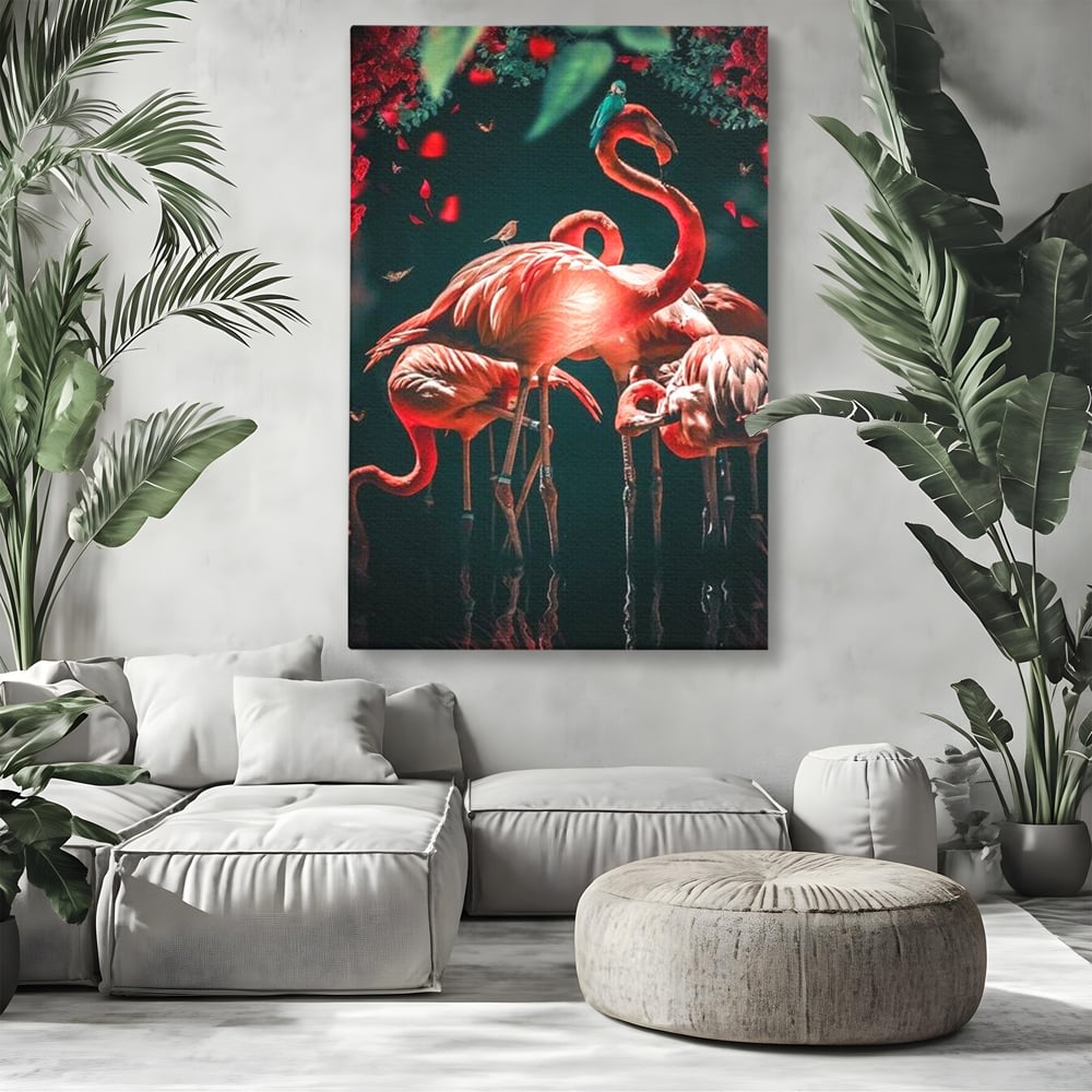 Tablou Canvas Premium, LuxCanva® M1040, Imparatia Flamingo, Pasari, Flamingo, Exotic, Roz, Mister, Eleganta, Grup, Petale, Flori, Gradina, Birou, Living, Camera Copil