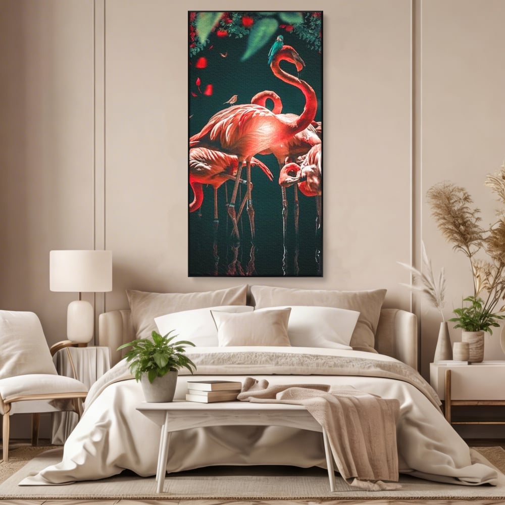 Tablou Canvas Premium, LuxCanva® M1040, Imparatia Flamingo, Pasari, Flamingo, Exotic, Roz, Mister, Eleganta, Grup, Petale, Flori, Gradina, Birou, Living, Camera Copil