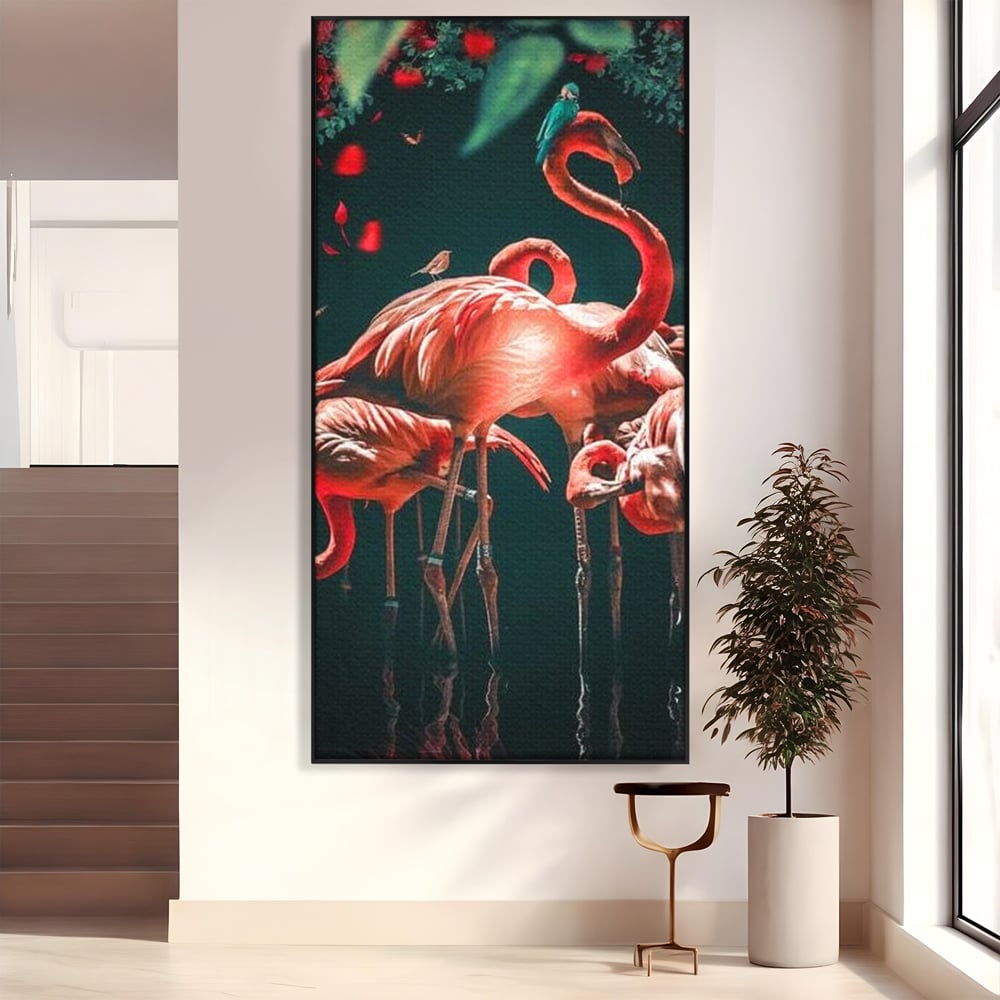 Tablou Canvas Premium, LuxCanva® M1040, Imparatia Flamingo, Pasari, Flamingo, Exotic, Roz, Mister, Eleganta, Grup, Petale, Flori, Gradina, Birou, Living, Camera Copil