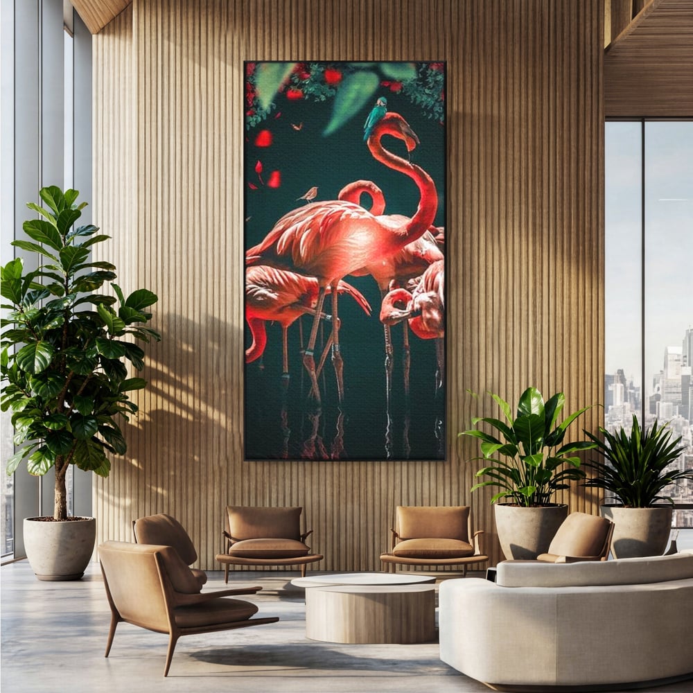 Tablou Canvas Premium, LuxCanva® M1040, Imparatia Flamingo, Pasari, Flamingo, Exotic, Roz, Mister, Eleganta, Grup, Petale, Flori, Gradina, Birou, Living, Camera Copil