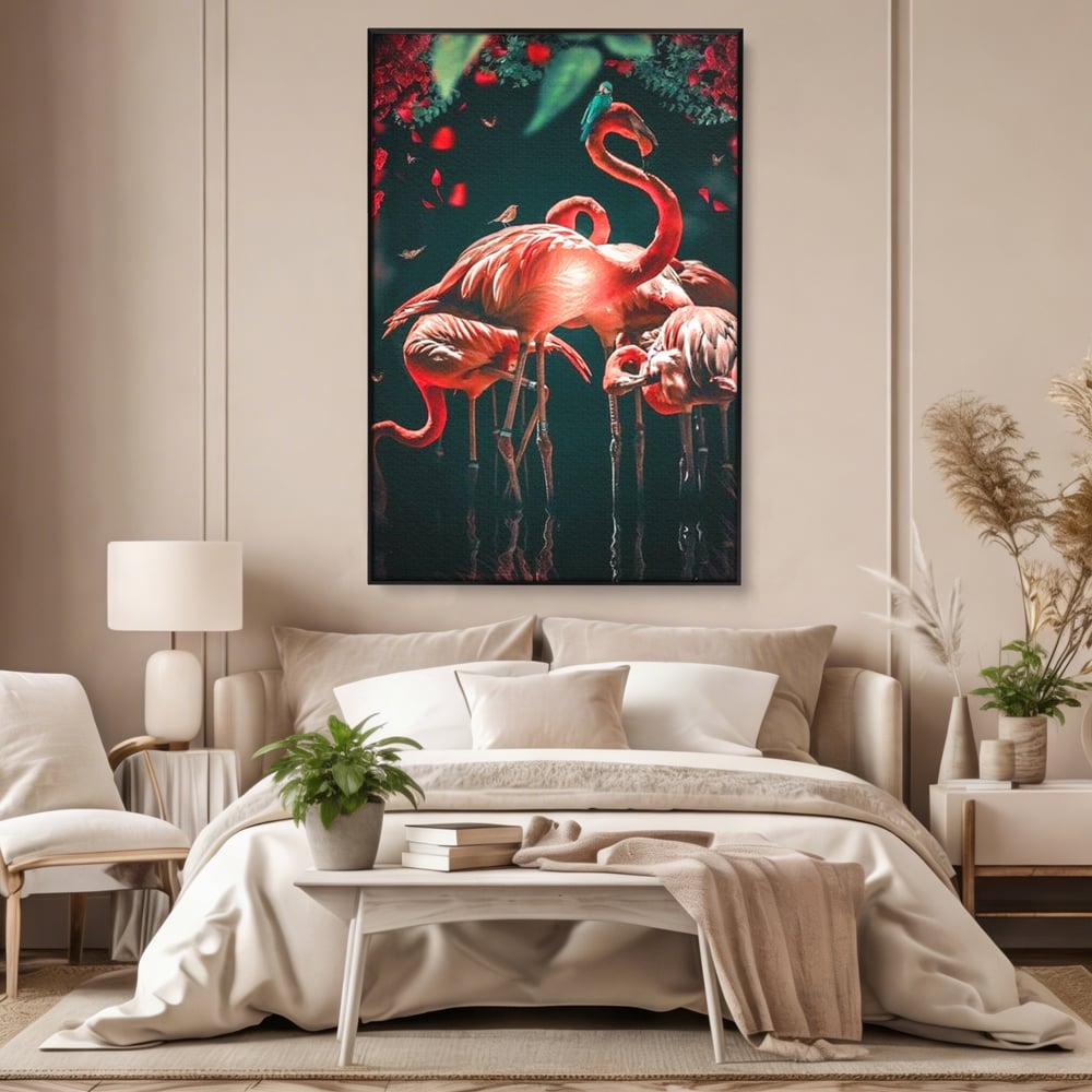 Tablou Canvas Premium, LuxCanva® M1040, Imparatia Flamingo, Pasari, Flamingo, Exotic, Roz, Mister, Eleganta, Grup, Petale, Flori, Gradina, Birou, Living, Camera Copil