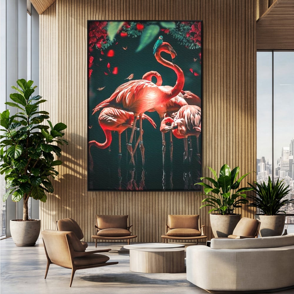 Tablou Canvas Premium, LuxCanva® M1040, Imparatia Flamingo, Pasari, Flamingo, Exotic, Roz, Mister, Eleganta, Grup, Petale, Flori, Gradina, Birou, Living, Camera Copil