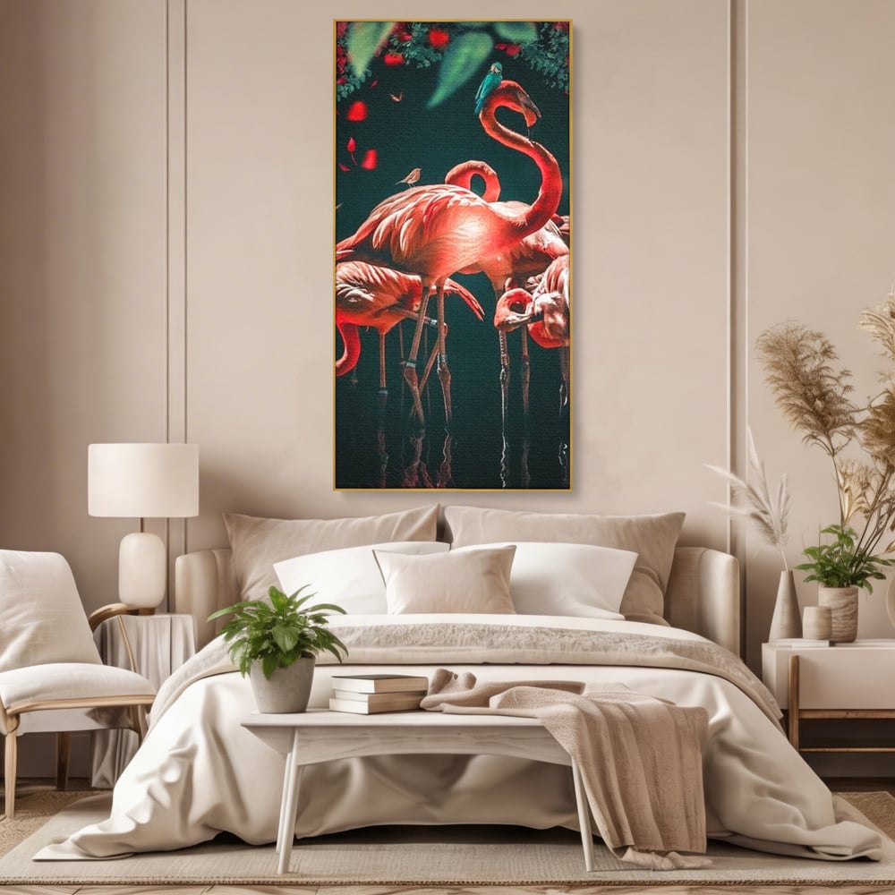 Tablou Canvas Premium, LuxCanva® M1040, Imparatia Flamingo, Pasari, Flamingo, Exotic, Roz, Mister, Eleganta, Grup, Petale, Flori, Gradina, Birou, Living, Camera Copil