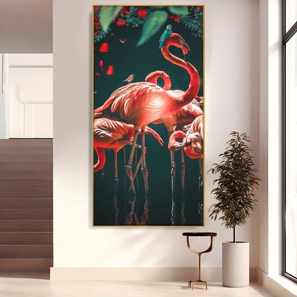 Tablou Canvas Premium, LuxCanva® M1040, Imparatia Flamingo, Pasari, Flamingo, Exotic, Roz, Mister, Eleganta, Grup, Petale, Flori, Gradina, Birou, Living, Camera Copil