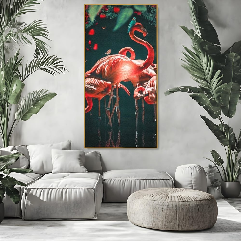 Tablou Canvas Premium, LuxCanva® M1040, Imparatia Flamingo, Pasari, Flamingo, Exotic, Roz, Mister, Eleganta, Grup, Petale, Flori, Gradina, Birou, Living, Camera Copil