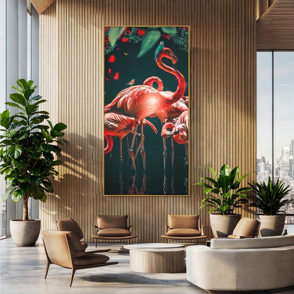 Tablou Canvas Premium, LuxCanva® M1040, Imparatia Flamingo, Pasari, Flamingo, Exotic, Roz, Mister, Eleganta, Grup, Petale, Flori, Gradina, Birou, Living, Camera Copil