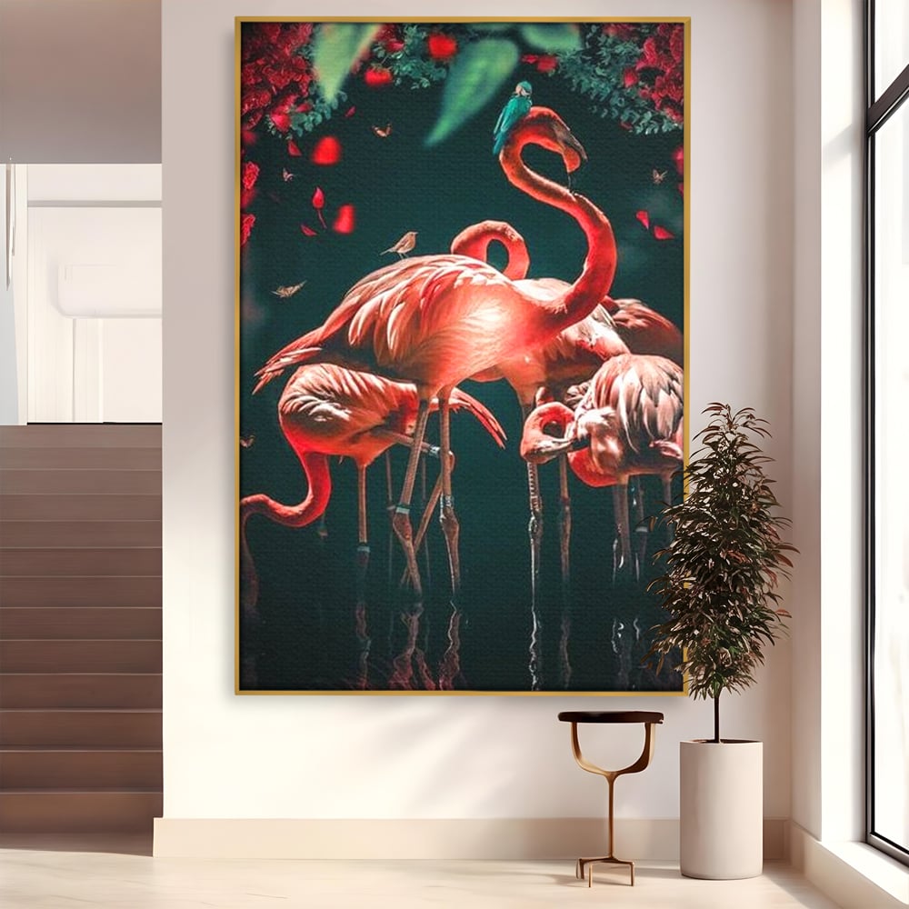 Tablou Canvas Premium, LuxCanva® M1040, Imparatia Flamingo, Pasari, Flamingo, Exotic, Roz, Mister, Eleganta, Grup, Petale, Flori, Gradina, Birou, Living, Camera Copil