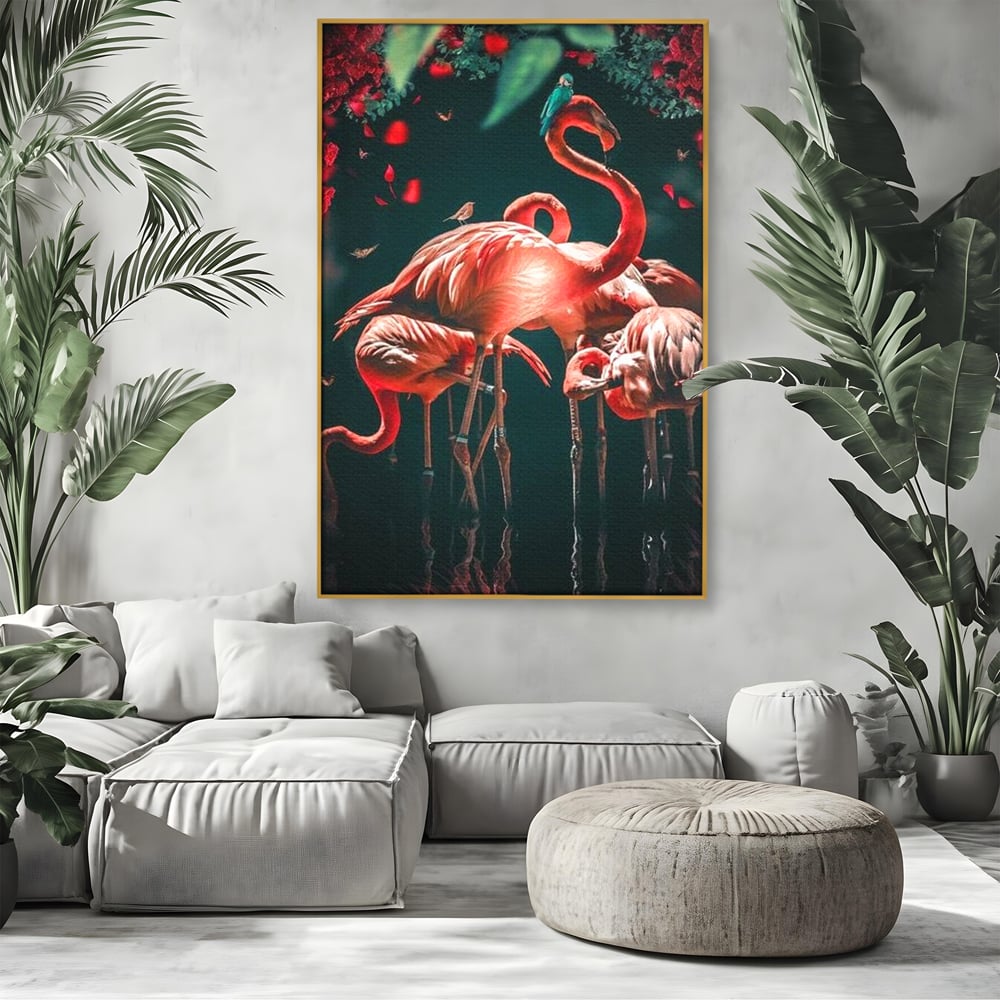 Tablou Canvas Premium, LuxCanva® M1040, Imparatia Flamingo, Pasari, Flamingo, Exotic, Roz, Mister, Eleganta, Grup, Petale, Flori, Gradina, Birou, Living, Camera Copil