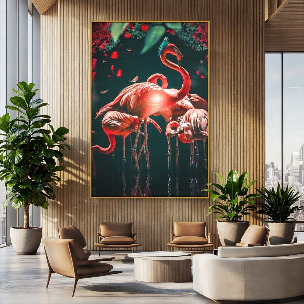Tablou Canvas Premium, LuxCanva® M1040, Imparatia Flamingo, Pasari, Flamingo, Exotic, Roz, Mister, Eleganta, Grup, Petale, Flori, Gradina, Birou, Living, Camera Copil