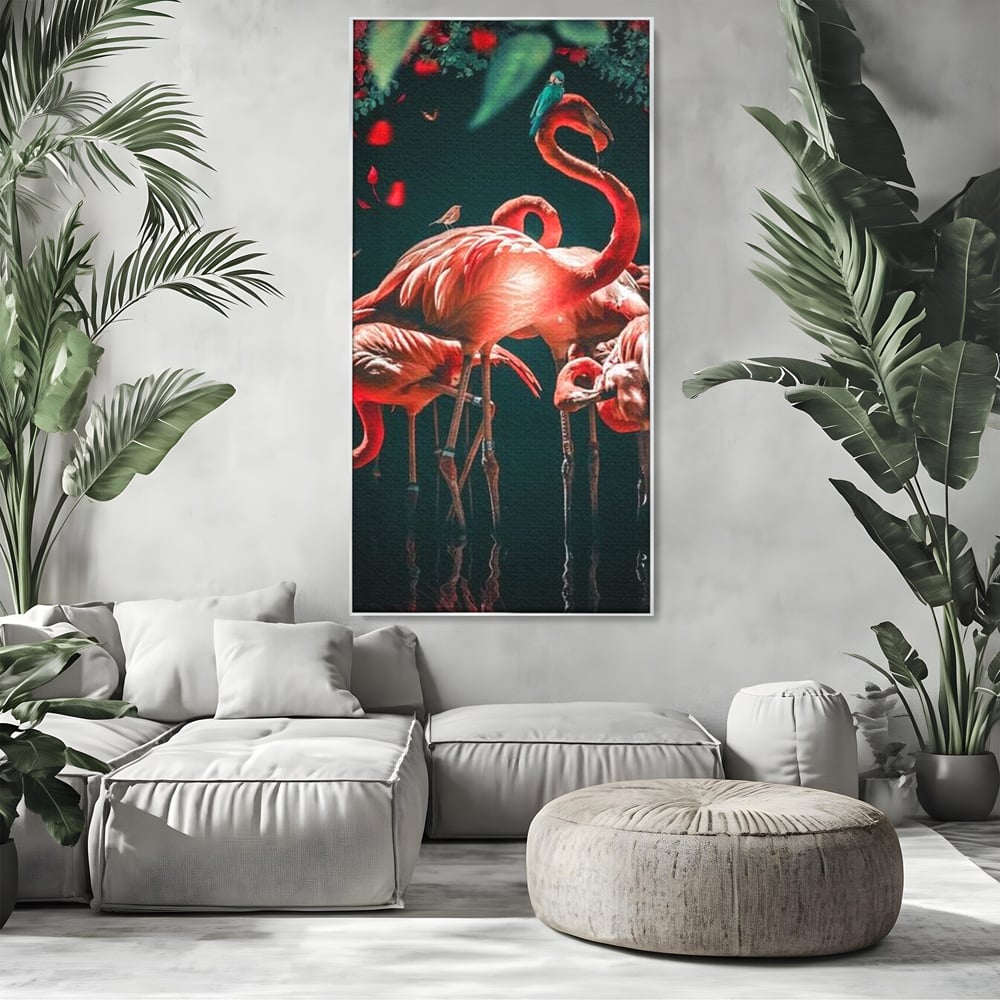Tablou Canvas Premium, LuxCanva® M1040, Imparatia Flamingo, Pasari, Flamingo, Exotic, Roz, Mister, Eleganta, Grup, Petale, Flori, Gradina, Birou, Living, Camera Copil
