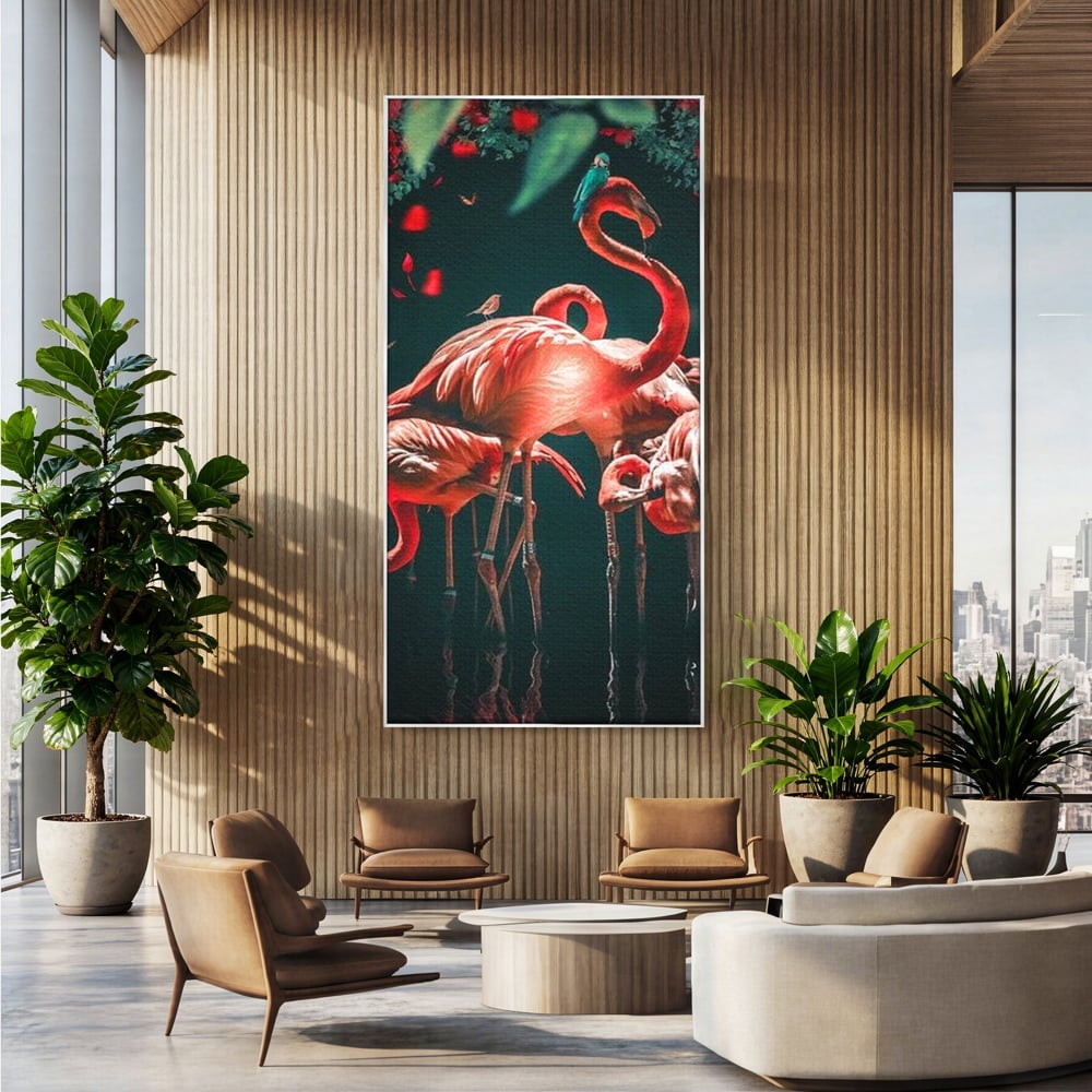 Tablou Canvas Premium, LuxCanva® M1040, Imparatia Flamingo, Pasari, Flamingo, Exotic, Roz, Mister, Eleganta, Grup, Petale, Flori, Gradina, Birou, Living, Camera Copil