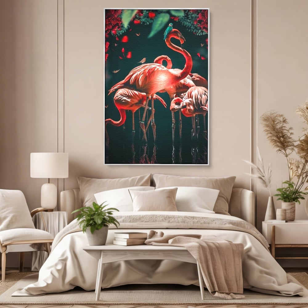 Tablou Canvas Premium, LuxCanva® M1040, Imparatia Flamingo, Pasari, Flamingo, Exotic, Roz, Mister, Eleganta, Grup, Petale, Flori, Gradina, Birou, Living, Camera Copil