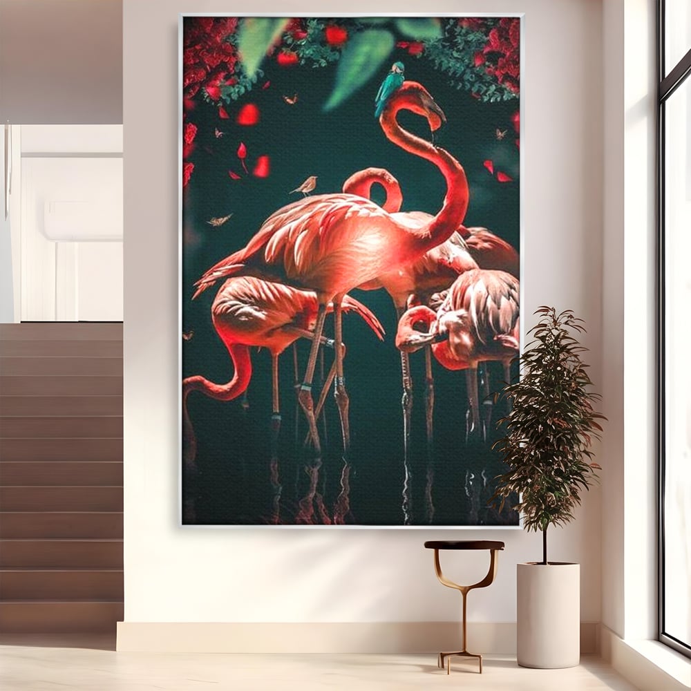 Tablou Canvas Premium, LuxCanva® M1040, Imparatia Flamingo, Pasari, Flamingo, Exotic, Roz, Mister, Eleganta, Grup, Petale, Flori, Gradina, Birou, Living, Camera Copil