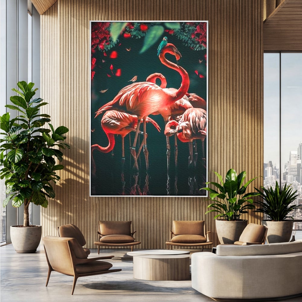 Tablou Canvas Premium, LuxCanva® M1040, Imparatia Flamingo, Pasari, Flamingo, Exotic, Roz, Mister, Eleganta, Grup, Petale, Flori, Gradina, Birou, Living, Camera Copil