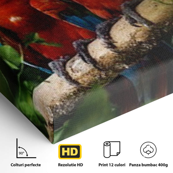 Leinwand Wandkunst Leinwand Wandkunst Premium, LuxCanva® M1041, Paradies Ecke, Papageien, Paar, Dschungel, Exoten, Zweig, Blätter, Amazonas, Vögel, Büro, Wohnen, Babyzimmer