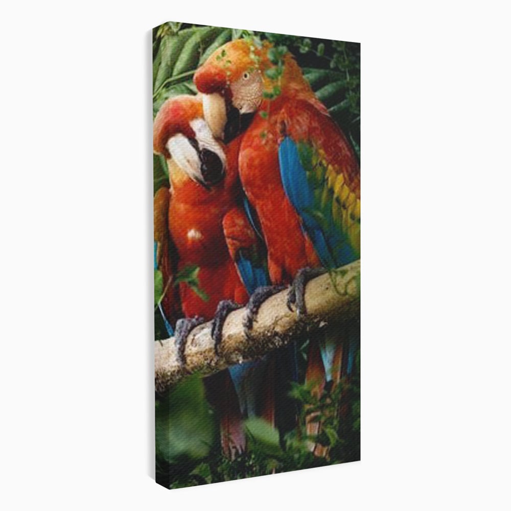 Leinwand Wandkunst Leinwand Wandkunst Premium, LuxCanva® M1041, Paradies Ecke, Papageien, Paar, Dschungel, Exoten, Zweig, Blätter, Amazonas, Vögel, Büro, Wohnen, Babyzimmer