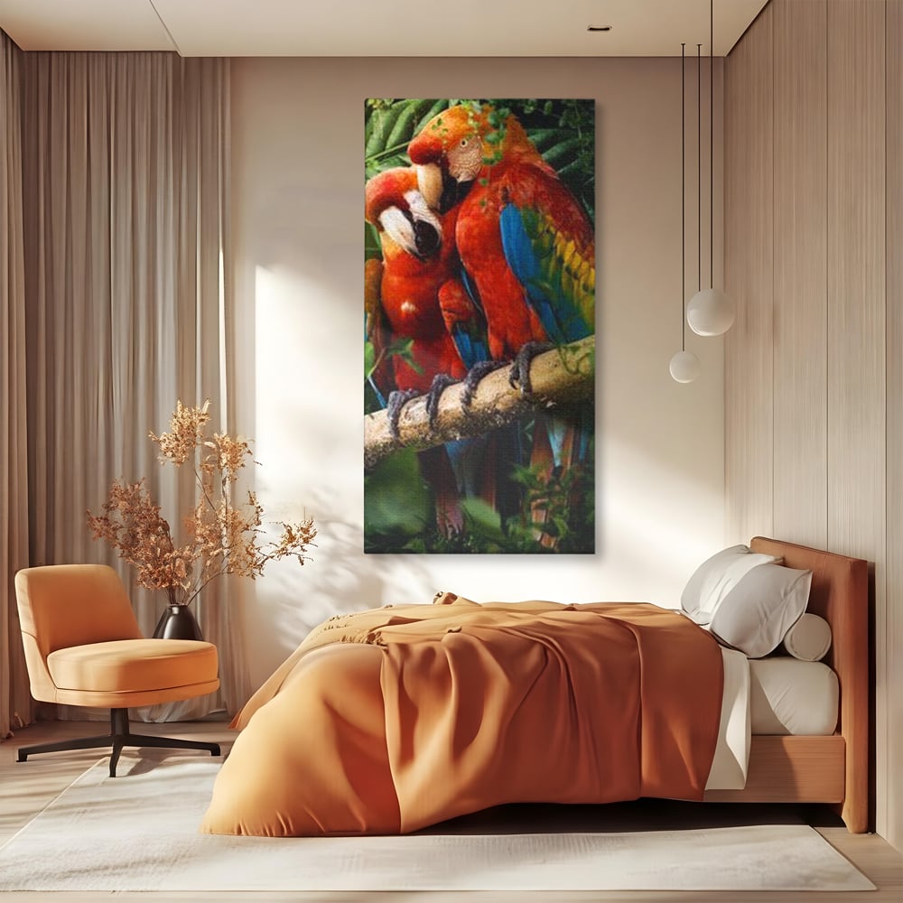 Leinwand Wandkunst Leinwand Wandkunst Premium, LuxCanva® M1041, Paradies Ecke, Papageien, Paar, Dschungel, Exoten, Zweig, Blätter, Amazonas, Vögel, Büro, Wohnen, Babyzimmer