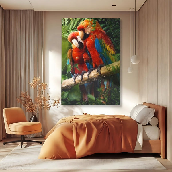 Leinwand Wandkunst Leinwand Wandkunst Premium, LuxCanva® M1041, Paradies Ecke, Papageien, Paar, Dschungel, Exoten, Zweig, Blätter, Amazonas, Vögel, Büro, Wohnen, Babyzimmer