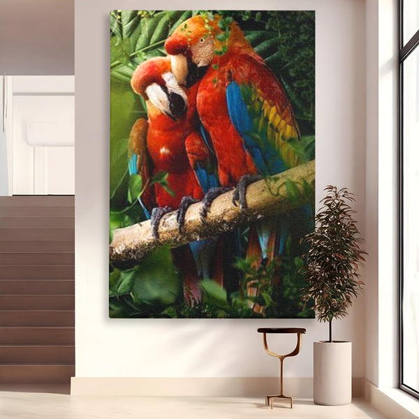 Leinwand Wandkunst Leinwand Wandkunst Premium, LuxCanva® M1041, Paradies Ecke, Papageien, Paar, Dschungel, Exoten, Zweig, Blätter, Amazonas, Vögel, Büro, Wohnen, Babyzimmer
