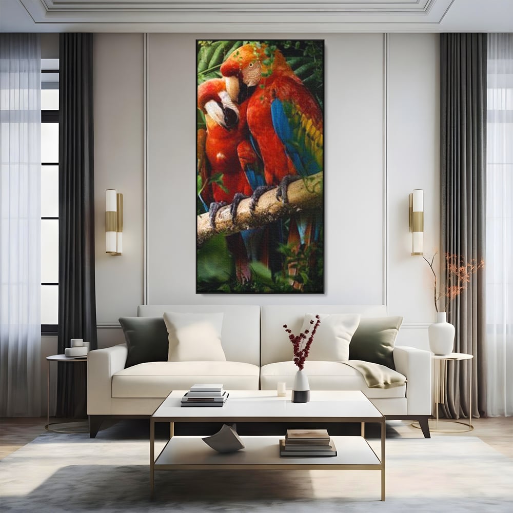 Leinwand Wandkunst Leinwand Wandkunst Premium, LuxCanva® M1041, Paradies Ecke, Papageien, Paar, Dschungel, Exoten, Zweig, Blätter, Amazonas, Vögel, Büro, Wohnen, Babyzimmer