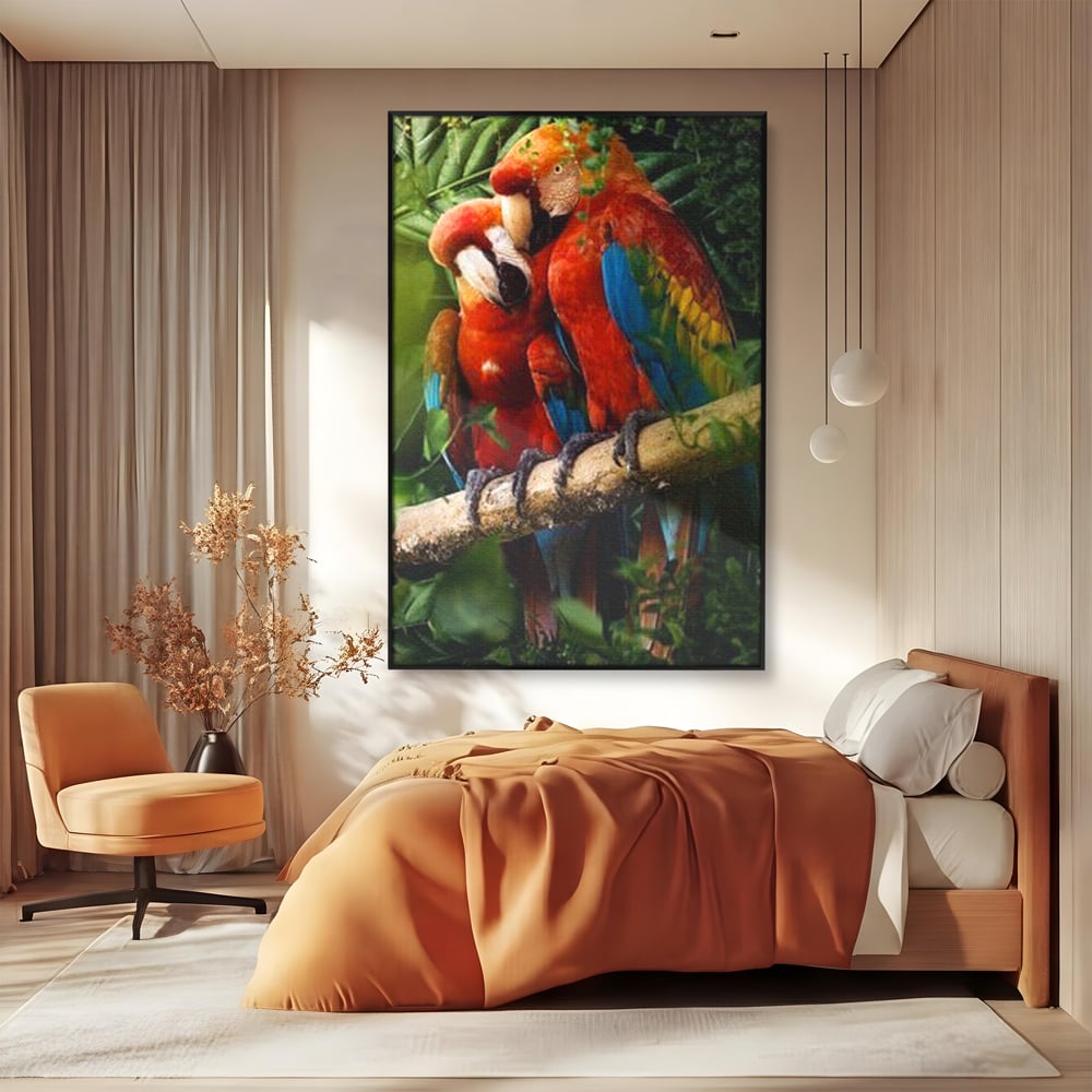 Leinwand Wandkunst Leinwand Wandkunst Premium, LuxCanva® M1041, Paradies Ecke, Papageien, Paar, Dschungel, Exoten, Zweig, Blätter, Amazonas, Vögel, Büro, Wohnen, Babyzimmer