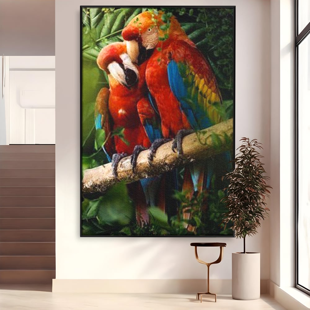 Leinwand Wandkunst Leinwand Wandkunst Premium, LuxCanva® M1041, Paradies Ecke, Papageien, Paar, Dschungel, Exoten, Zweig, Blätter, Amazonas, Vögel, Büro, Wohnen, Babyzimmer