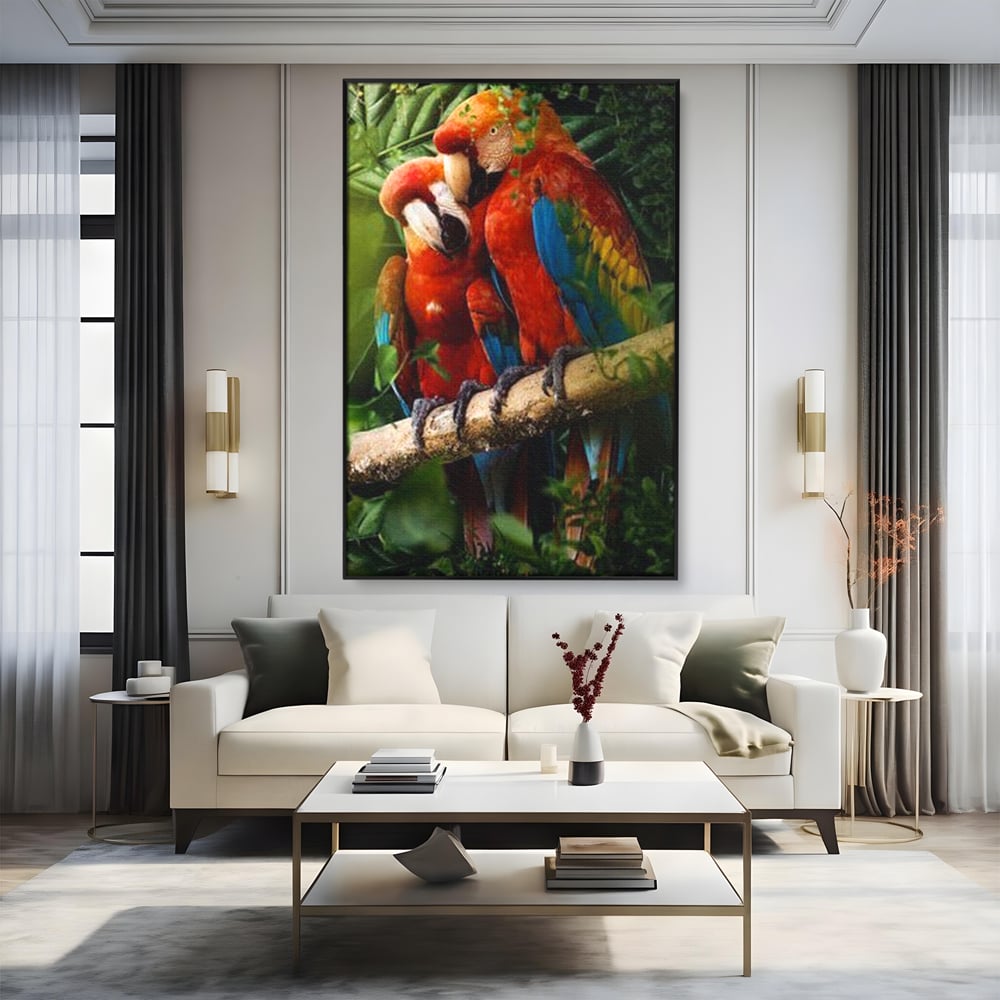 Leinwand Wandkunst Leinwand Wandkunst Premium, LuxCanva® M1041, Paradies Ecke, Papageien, Paar, Dschungel, Exoten, Zweig, Blätter, Amazonas, Vögel, Büro, Wohnen, Babyzimmer