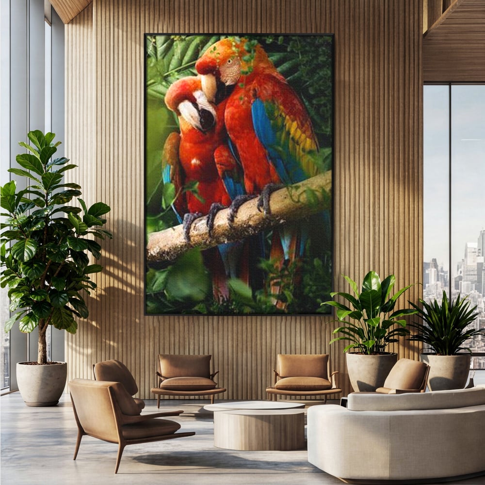 Leinwand Wandkunst Leinwand Wandkunst Premium, LuxCanva® M1041, Paradies Ecke, Papageien, Paar, Dschungel, Exoten, Zweig, Blätter, Amazonas, Vögel, Büro, Wohnen, Babyzimmer